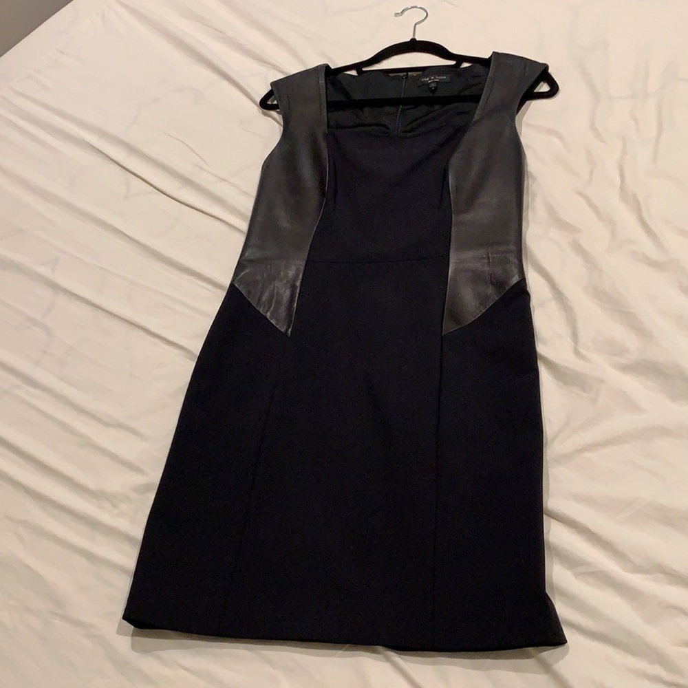 Rag & Bone Black Square Neck Sleeveless dress with lamb skin leather Panels
